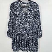 Mi Ami Mini Dress Womens Medium Blue White Boho Floral Rayon Pleated Long Sleeve