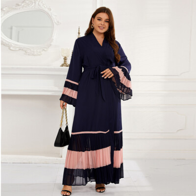 pleated dress muslimah Elegant Muslim Women's Pleated Chiffon Pullover Robe Dress Modest Solid Color Abaya with Flared Sleeves. (MA176) Apricot / L