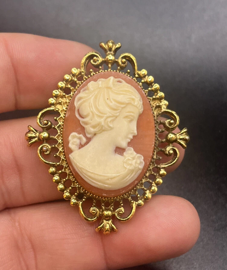 Vintage Avon Cameo Gold Tone Resin Locket Brooch Pin Signed eBay