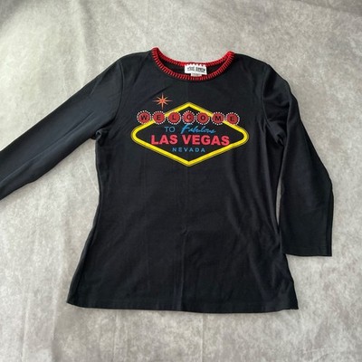 Black Las Vegas Long Sleeve T-Shirt With Rhinestones Size L
