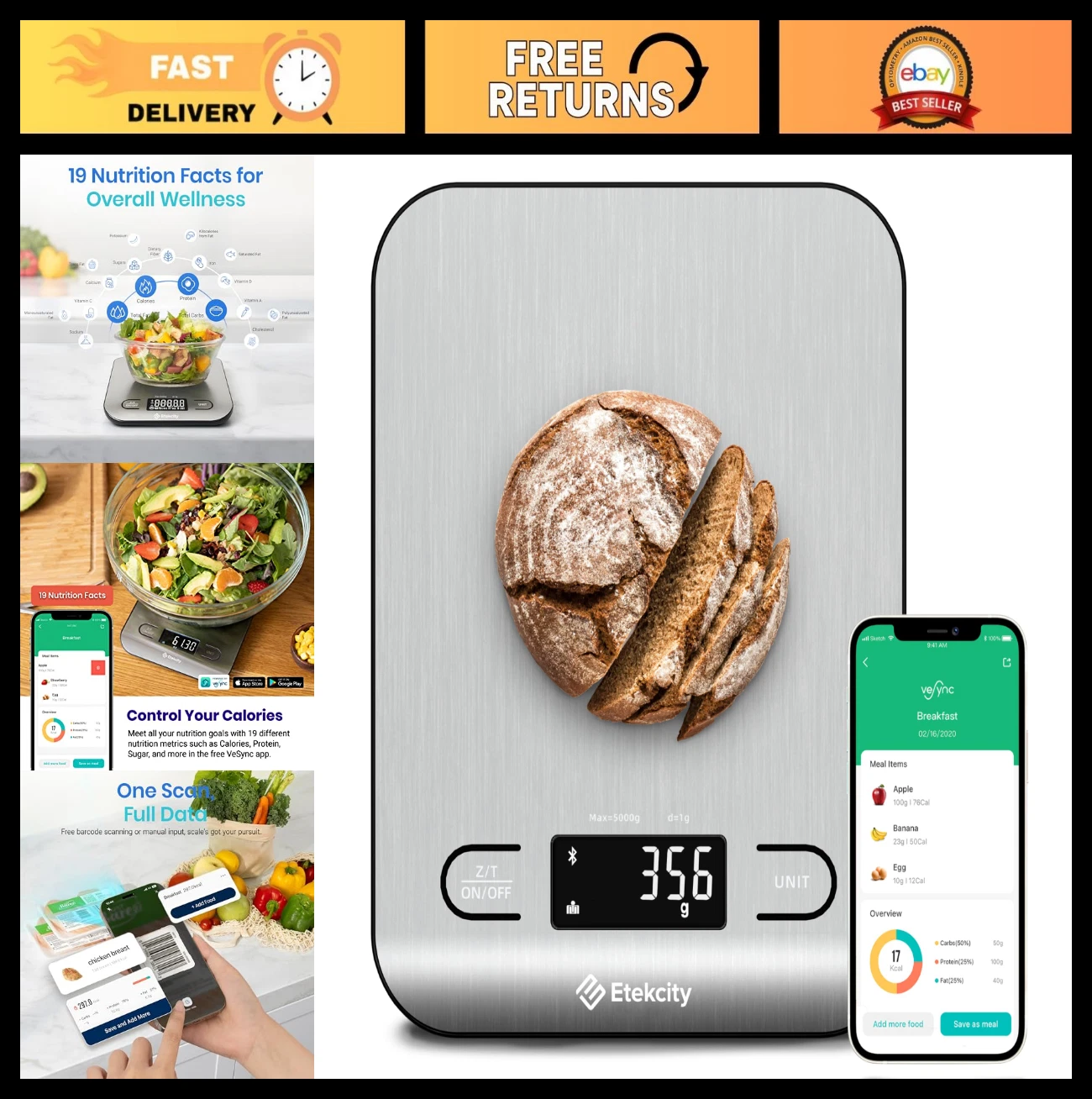 Digital Kitchen Scale - Food Nutrition Scale for Grams & Ounces, Baking, Keto, M