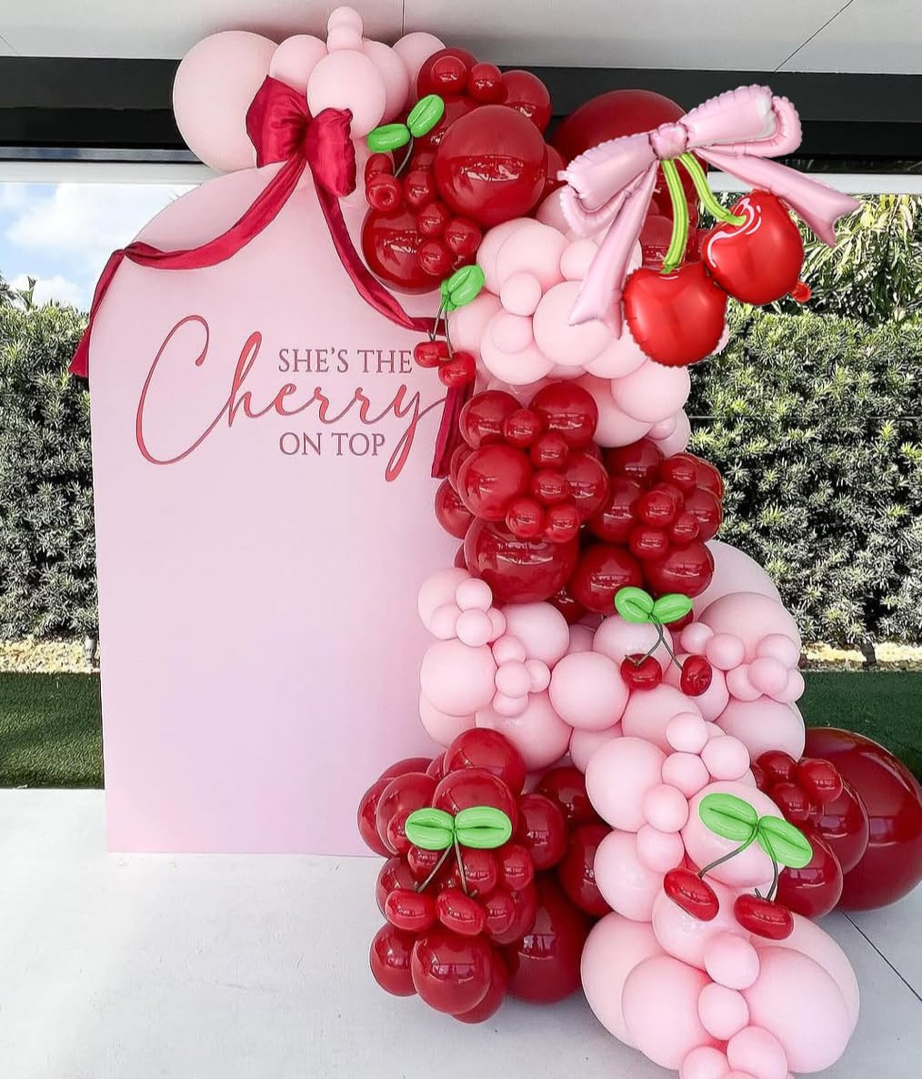 Decoraciones de cumpleaños de cereza, 146 piezas globos de látex rojo y rosa pastel con cerezo