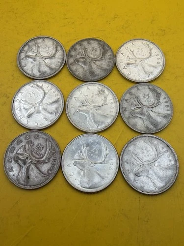 Lot of 9 Canada 80% Silver Quarters 1949-1968  25¢ Approx 1.35 Troy Ounces
