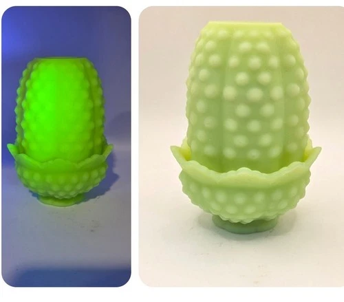 Fenton Fairy Lamp Lime Green Hobnail Satin VTG Uranium Glass GLOWS UV -Read