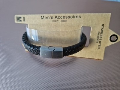 Stainless Steel Elements, Männer Armband, Echt Leder, Gr. M Schwarz