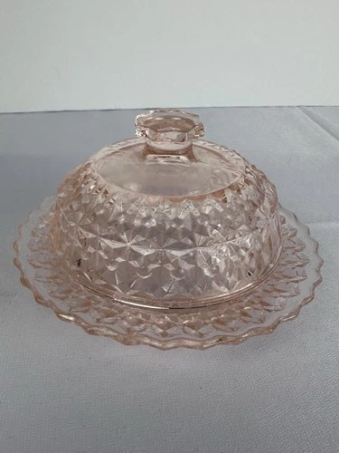 Vtg Pink Depression Glass Butter Dish w Lid Starburst Diamond Pattern 7” Plate