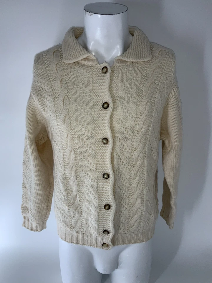Cárdigan suéter Sisley para mujer S marfil 100 % lana tejido con cable Italia YGI Q1-16 Foto 2 de 4