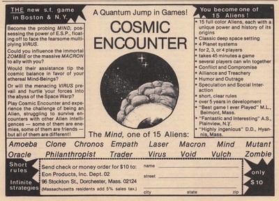 Cosmic Encounter Board Game Magazine Ad 1977 Eon Products Sci-Fi Starlog