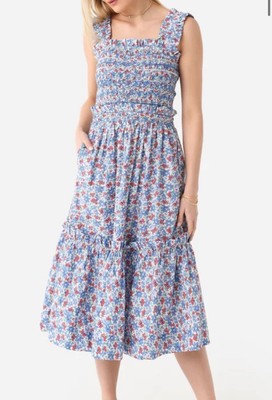 New Sea New York Dress Large Midi Peggy Blue Cotton Summer Print Ruffle Romantic