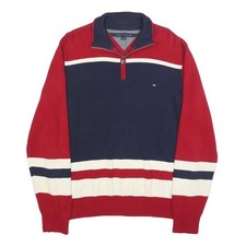 TOMMY HILFIGER Mens Red  Navy Colourblock Patterned V-Neck Cotton Jumper L