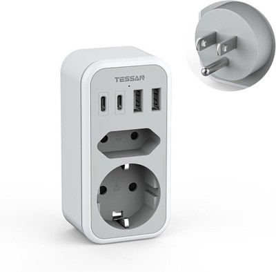 TESSAN Adapter USA Deutschland Stecker, 6 in 1 Reiseadapter Thailand mit 2 USB C