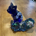 Set of 2 - Vintage Fenton Blue & Carnival Glass Hand Painted Cats Signed