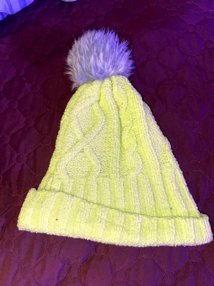 Neon Green Knit Beanie with Faux Fur Pom – Winter Hat - Image 2 of 3