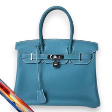 Borsa a mano Hermes Birkin 30 Togo in pelle blu jeans argento hardware da donna