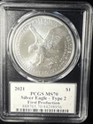 2021-P American Silver Eagle Type 2 MS70 PCGS FIRST STRIKE Signed Emily Damstra