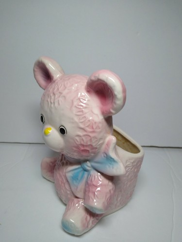 Vintage rosa Bär Pflanzgefäß Caffco Qualitätsprodukte Japan blaues Band Baby Kinderzimmer - Bild 3 von 12