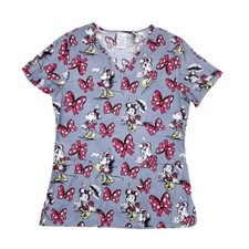 Disney Minnie Mouse Short Sleeve Cotton Nursing Scrub Top Grey Women's Size XS