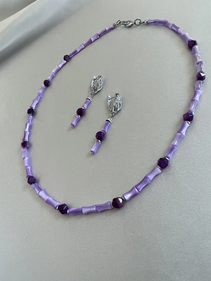天然紫水晶和淡水贝壳项链套装带铑耳环紫色 — 第 2/4 张图片