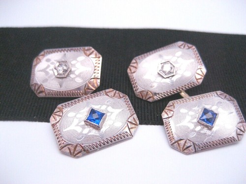 Antique Art Deco era 14K Gold Diamond & Sapphire Engraved Cufflinks Day & Night - 第 1/11 張圖片