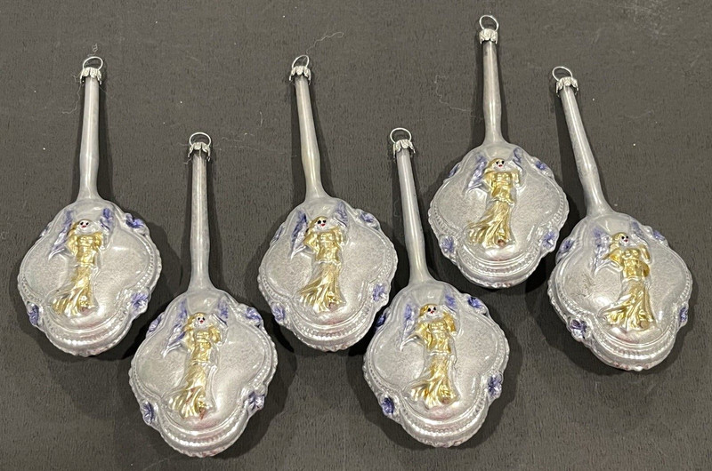 AWESOME Vtg 1940's German Mercury Glass Longstem Medallion ANGELS Ornaments 5.5"