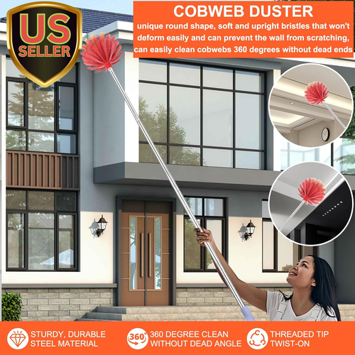Cobweb Duster with Extension Pole, 59" Adjustable Stainless Steel Pole, Washable - Picture 7 of 7