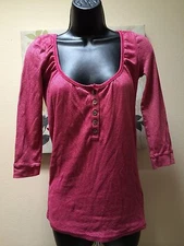 MICHAEL STARS shiny Red One Size Fits Most T-Shirt Top buttons 3/4 sleeve Crew 