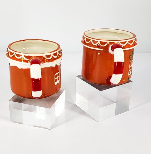 New Pair Holiday Time Christmas Gingerbread House Stoneware Hand Painted Mugs - Picture 7 of 12