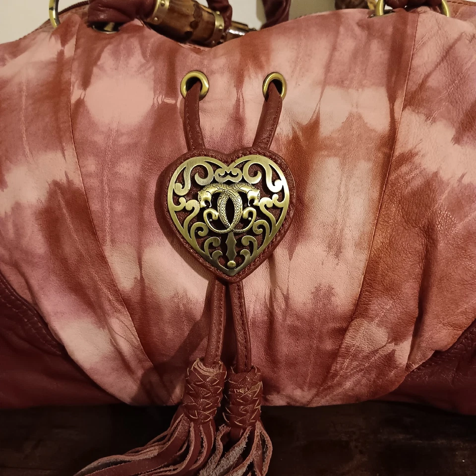 Sharif Burgundy Leather Pink Tie Dye Bamboo Hobo Shoulder Bag  - Image 2 of 4