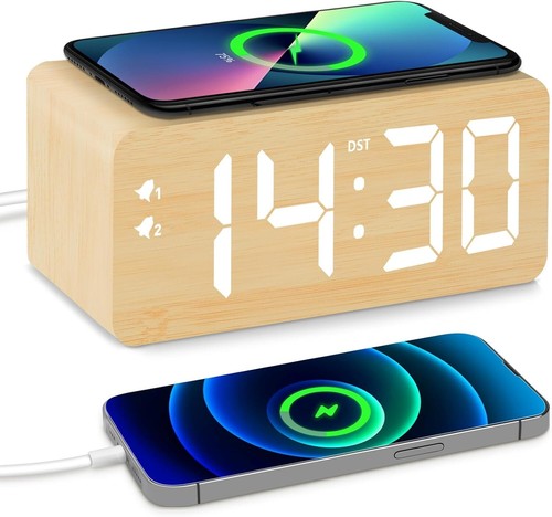 Wood Digital Alarm Clock with 10W Fast Wireless Charger, USB Charging Ports, ... - Picture 2 of 10