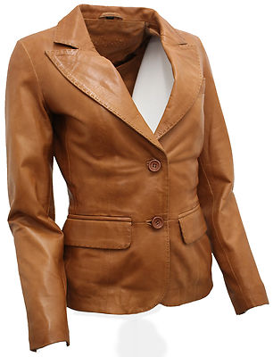 Ladies Casual Tan Leather Blazer Jacket