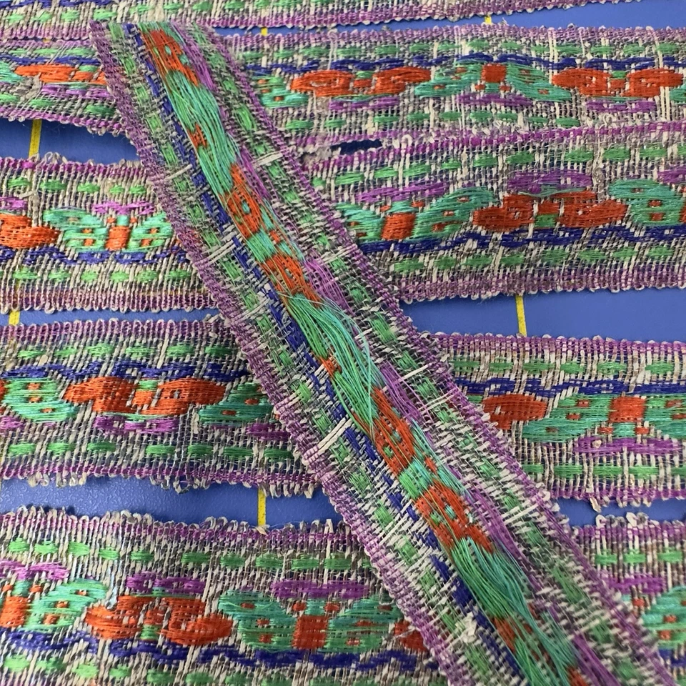 Antique Metallic Silk Ribbon Hand Woven Green & Red Butterflies Motif 58”x 5/8” - Image 4 of 4