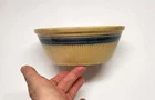 8 " HULL YELLOW WARE POTTERY BOWL 3 BLUE STRIPS AND RIBS YELLOWWARE
