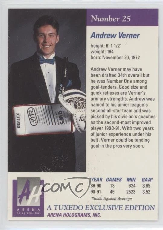 1991 Arena Draft Tuxedo Exclusive Premiere Edition Andrew Verner #25 Rookie RC - Image 2 of 2