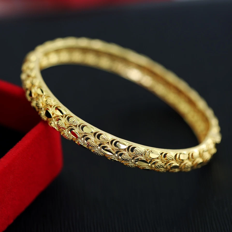 24K FILIGREE GOLD FILLED 8MM PEACOCK FEATHER ANTIQUE BAND WOMENS BANGLE BRACELET — 第 2/4 张图片