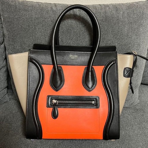 CELINE Luggage Micro Shopper Leather Tote Bag Tricolor Black Orange Beige
