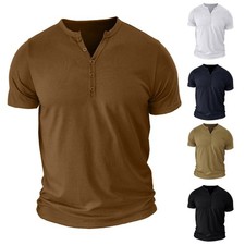 Men Summer Short Sleeve Button V Neck T-Shirt Cotton Stretch Solid Color Blouses