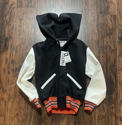 Vintage 80s DeLong Letterman s Varsity Jacket Mens Small  Hooded White Black