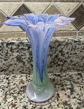 Hand Blown Pink  Blue Swirled Art Glass Vase Shaped Like A Flower 6.5  Read