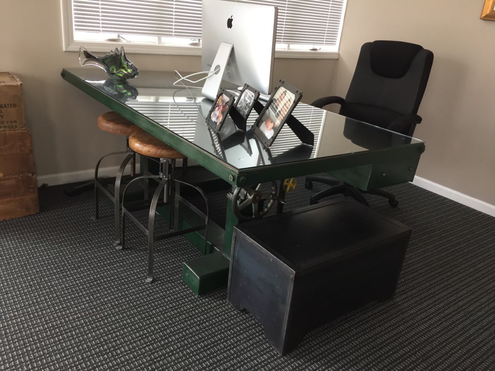 vintage metal crank table office desk with drawers, excellent condition