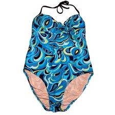 Robby Len Psychedelic Paisley Halter Tie Neck One Piece Swim Suit Size 12 Blue