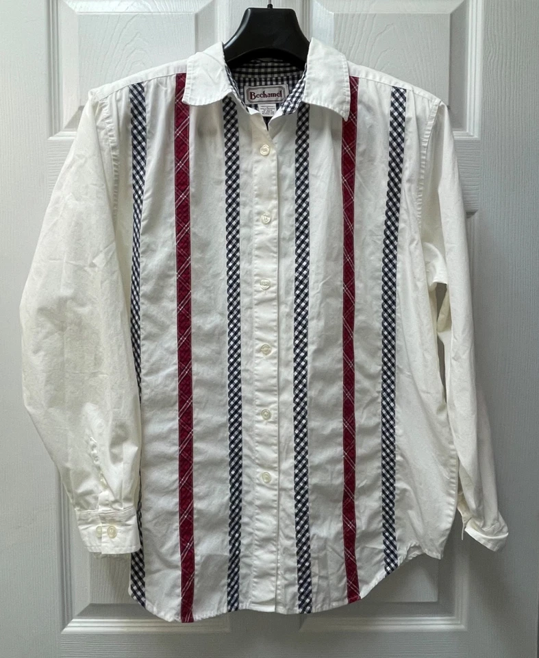 Vintage Bechamel Mujer Talla L Retazos Rayas Cuadros Guinga Algodón Abotonado Foto 2 de 4