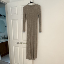 SheIn Beige Solid Crew Neck Long Sleeve Stretch Knit Maxi Sweater Dress XS