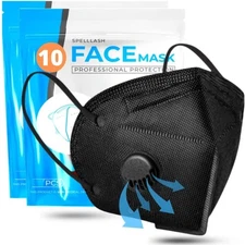 Face mask black disposable with breathing-valve 10 pack | black face masks fo...