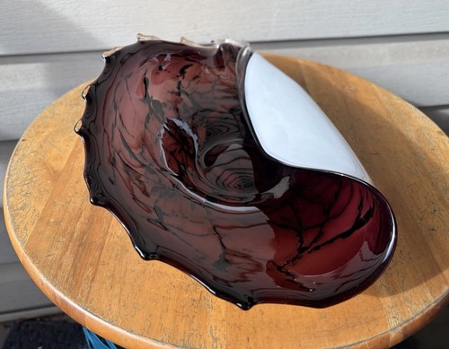 Vintage MCM Purple Black Folded Shell Clam Scalloped Large Art Glass Bowl 13"