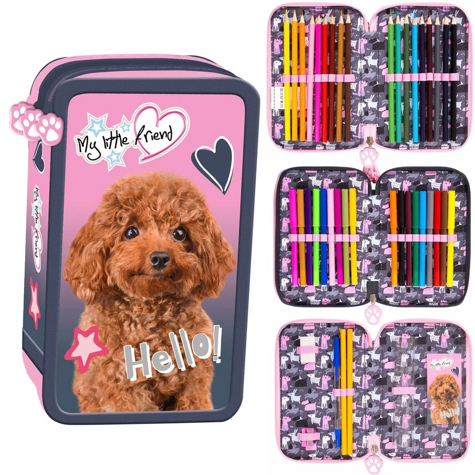 ST.MAJEWSKI Dreifach-Federmäppchen MY LITTLE FRIEND – Pudel – reichhaltig gefüllt