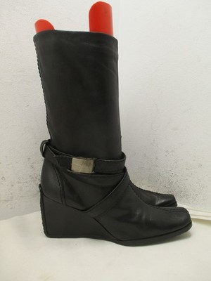 STUART WEITZMAN Black Leather Wedge Heel Strappy Mid Calf Boots Women Sz 8