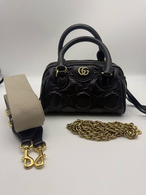 Gucci GG Matelassé Mini Boston Bag  Quilted Leather Dual Straps Gold Hardware