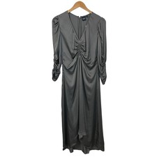 GAP Womens Ruched Satin Midi Dress Sz Medium Gray V Neck 3/4 Sleeve NEW