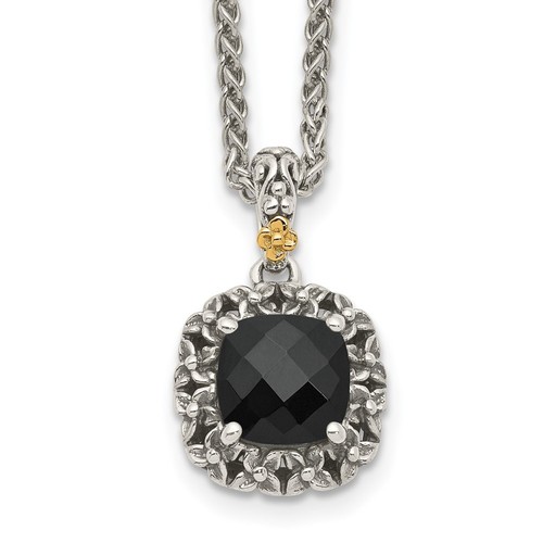Sterling Silver with 14K Gold Accent Antiqued Black Onyx Pendant Necklace 18" - Picture 1 of 5