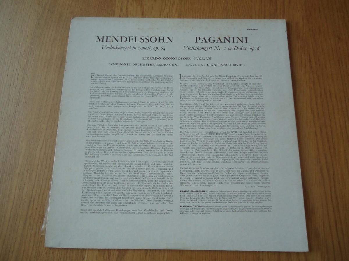 RICARDO ODNOPOSOFF VIOLIN MENDELSSOHN PAGANINI CONCERTO 6 SWISS LP MMS 2205  | eBay
